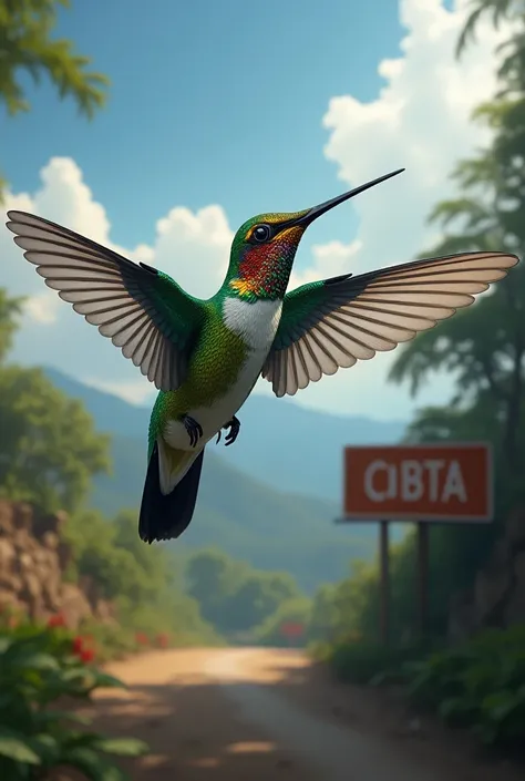 Large colored hummingbird flying over Sánchez Magallanes and with a CBTa 200 sign
