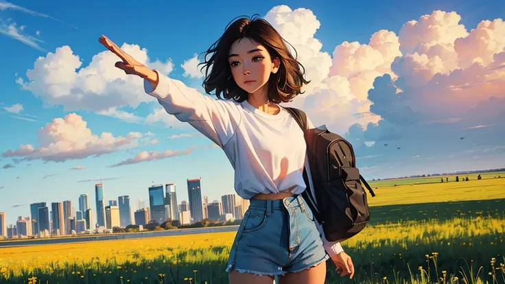  vast autumn sky , The sun is shining, Calm breeze  ,Beautiful skyline, white clouds,wide meadow,   Intense tension and dramatic video,  Moving visual effects , colorful natural light.  girl in a white long-sleeved top , Big chest, perfect waistline ,The p...