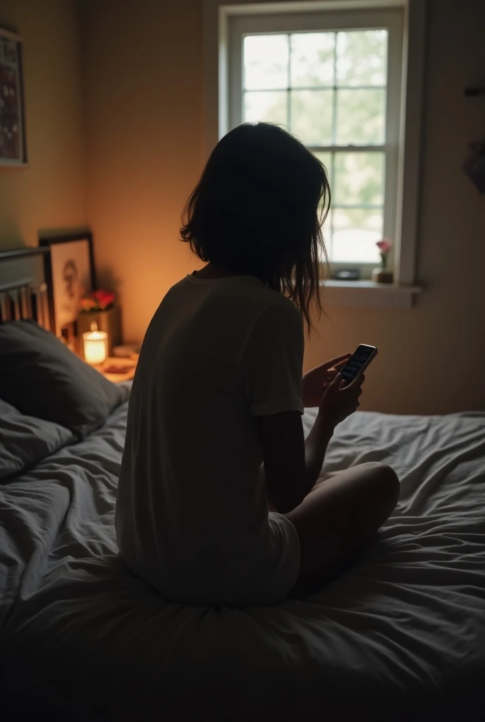 Create a scene where a young woman is watching her cell phone lying on her bed,  she is comparing her social media account with that of other people, You can see this from her back while she sees her cell phone 