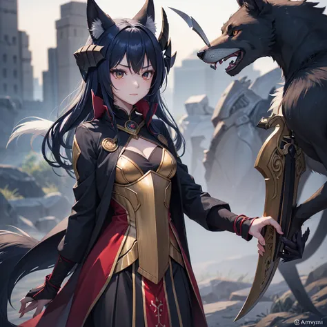 A woman dressed in black and white holding a sword, female Anthropomorphic wolf, Armor with a fox motif, Duelist Style, Torn, Mystical Anubis Valkyrie, Anthro, The fox and the bush, Ants, Ash,  Female Lightning Genashi , kda, Dark Fox Magician , Female Rou...