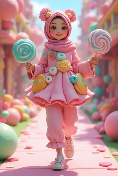 "Draw a 23-year-old, beautiful, cheerful Korean woman wearing a bright, colorful hijab adorned with candy-like decorations, showing her entire body. Her outfit is a soft, whimsical costume filled with pastel-colored candy-inspired details, such as soft bal...