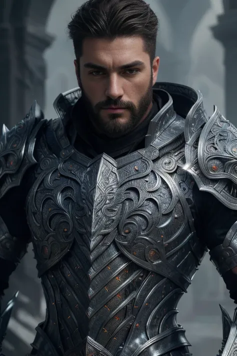 Michele Vittorio macho handsome, bearded and muscular man, very handsome and manly, intricate, elegant, in a detailed emb3r4rmor, highly detailed face, beautiful blue eyes, sharp jawline, muscular body, shiny metal armor with intricate designs, medieval fa...