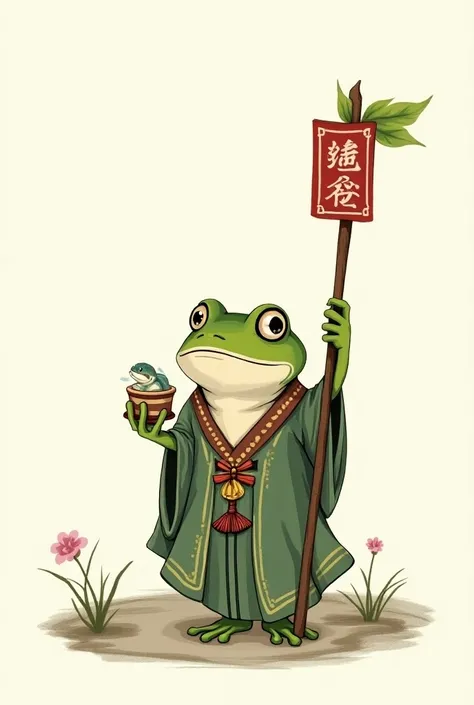  The image is a stylized illustration of an anthropomorphic frog .  The frog is portrayed wearing a robe and carrying a small container with a tadpole inside. The frog also holds a long staff with a leaf on top .  A square red stamp with Chinese characters...