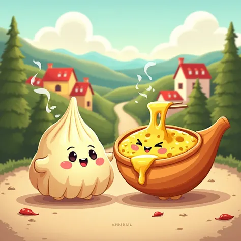 Cartoon happy khinkali and adjarian khachapuri 