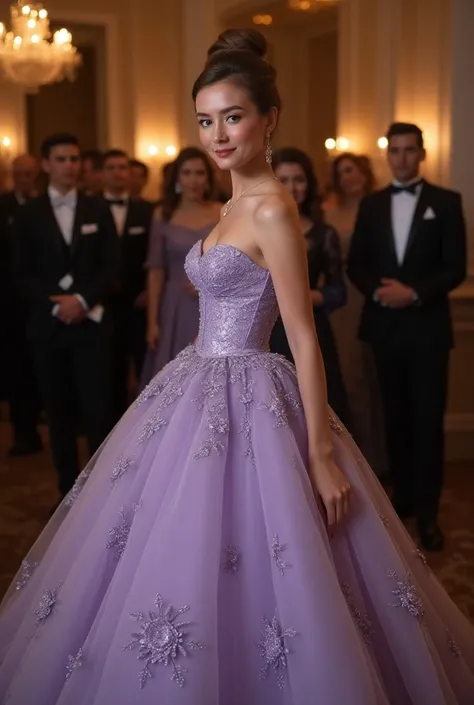 A 1950s fashion style ball gown with corset with straight bra topless, elegant Fit and Flare skirt with light purple embroidery, Audrey Hepburn style. 