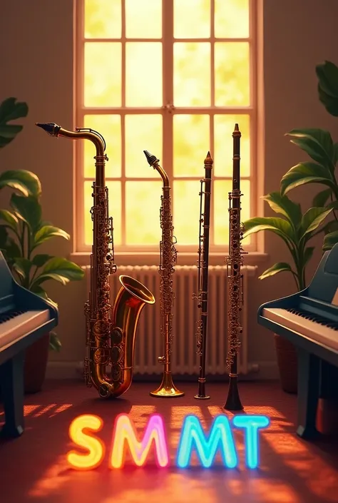 A music school with a saxophone , clarinet,  transverse flute and oboe with the letters SMMT on the bottom in rainbow colors 