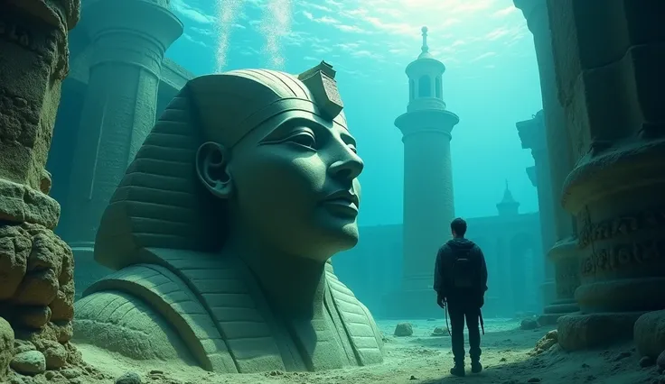  Archaeological divers finding a huge statue of a submerged pharaoh,  with facial details visible through crystal clear water . In the background,  fragments of the Alexandria Lighthouse , still imposing .  The atmosphere is one of wonder and reverence ,  ...