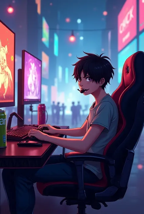 A gamer  sitting in the gamer chair playing less realistic Free Fire anime-like 