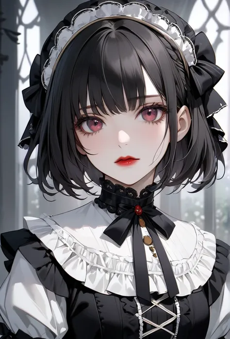 Upper body close-up（((masterpiece), on)"Perfect face, short black hair, beautiful eyes, Japanese, clean facial features. "An idol wearing a Victorian-inspired Gothic Lolita dress, gazing at the camera with a calm, slightly melancholic expression. Her deep ...