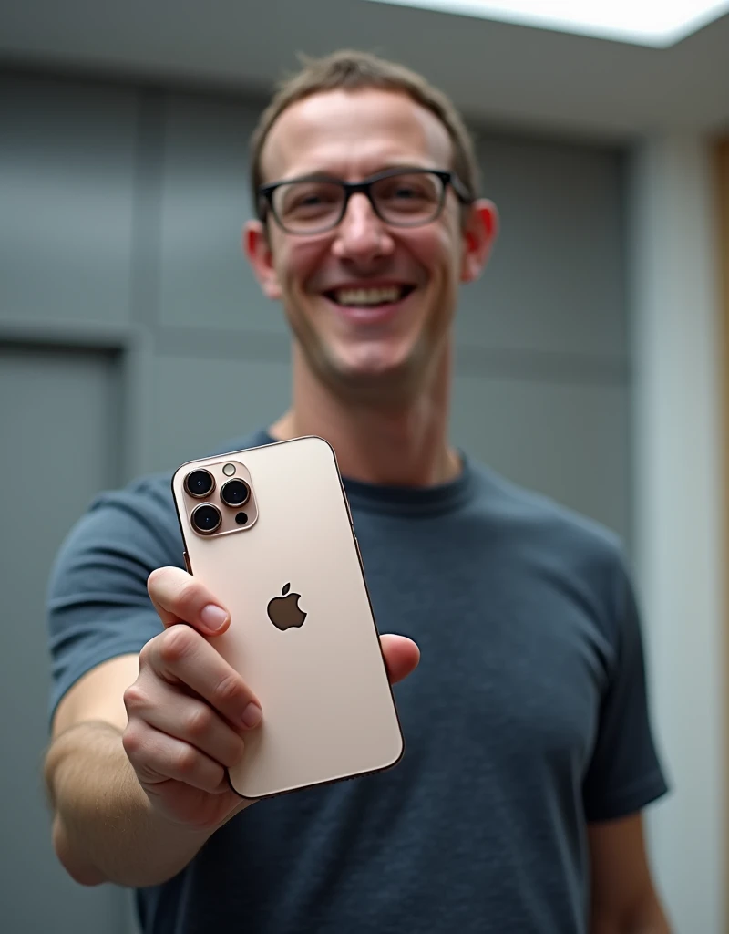 IPhone 16 pro in Mark Zukembergs hand (Show off your body and face) in a realistic way
