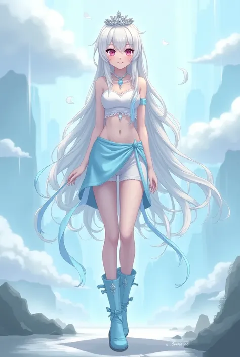 Adult anime girl,  long hair to half back white with a light blue gradient, pink eyes,  white skin, and slender figure .  Wear a white halter neck top , an asymmetric light blue skirt , a white minishort ,  long light blue boots and a silver crown . 