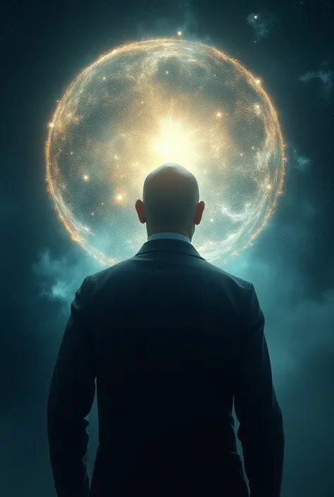 Bald man looking through a portal to the universe 