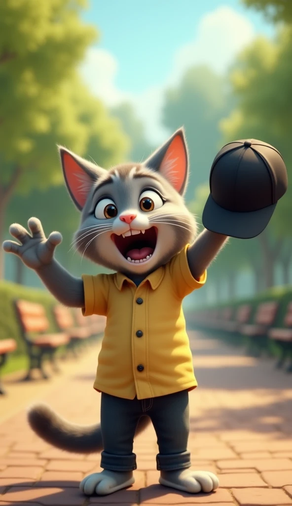 A cheerful animated father cat with smooth with gray stripes and large, happy eyes is standing outdoors in a vibrant park setting. He is wearing a simple light yellow button-down shirt, black jeans and has an excited, open-mouthed expression. The highlight...