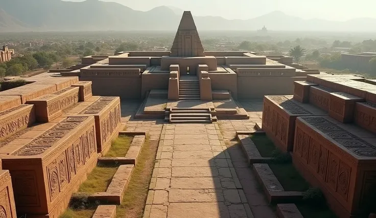  An aerial view of a Tiwanaku stone city ,  with its temples and monumental platforms .  Large blocks of stone are perfectly aligned ,  with complex geometric shapes carved . The image should convey a sense of mystery and wonder,  as if it were impossible ...