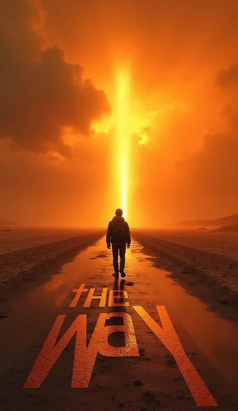  Movie image A person walking in the desert with a backpack on their back and back, The asphalt ground wet with dust and a storm scene . In the background color orange like a storm and on the ground with Portuguese language, The sentence, The Way , with a ...