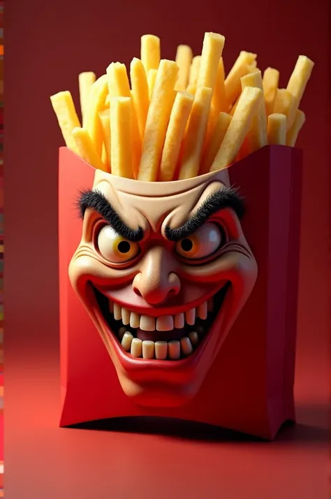   face of a box of red French fries, The box should have a 3D face  .  The face must have a villains face 