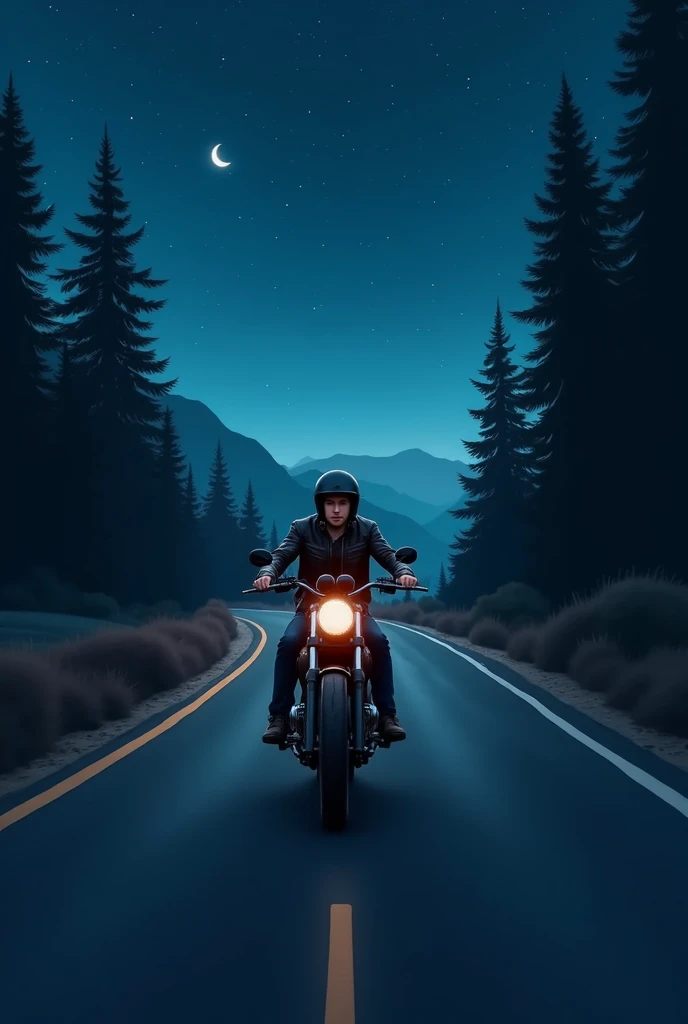 Young man on a motorcycle traveling on a lonely road on a night with stars