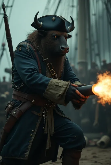  Create a cinematic poster featuring photorealistic portraits of dressed animals - a ((gordo)) Ferocious American Bison adult pirate, Hes on the deck of the ship shooting with the cannon. Like in the movie  " Pirates in the Caribbean"  wearing pirate costu...