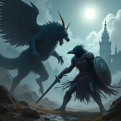 Create an image of a feather covered raven warrior and a black viking werewolf battling a demon king and his minion