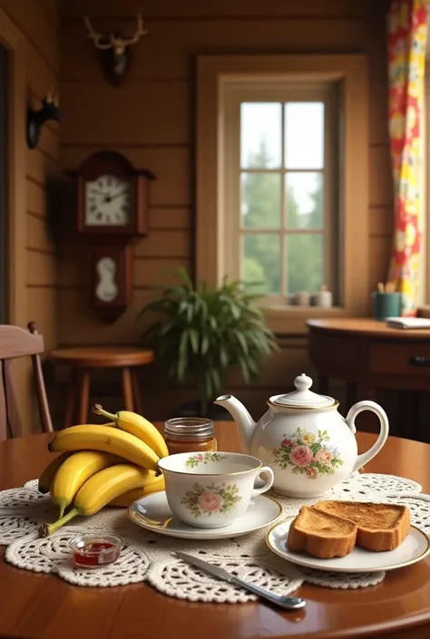 Breakfast by the wondow in wooden house. A beautifull English tea cup and saucer with matching teapot. Bananas and two pieces of toasted bread. A jar of jam. Butter knife. On a varnished table laid with a crotchet table top beside a window in the house wit...