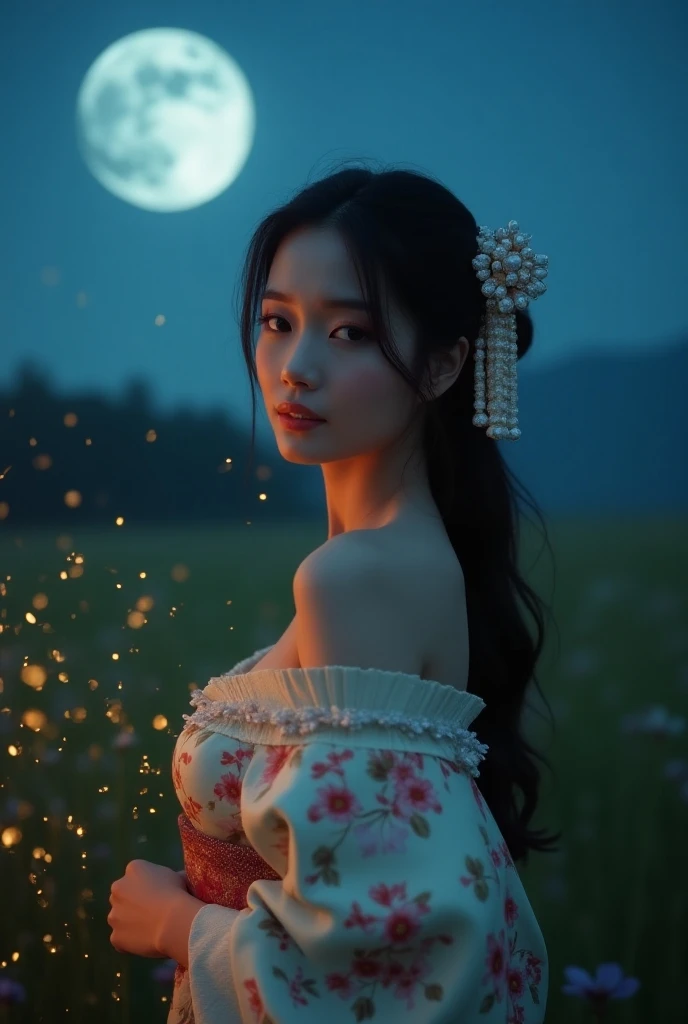 Monaco field、Full moon night、 blue moonlight is fantastic、For some reason there is a lot of gold dust scattered、 wearing a floral kimono and showing off her left shoulder, very attractive 、 She has very soft and taut breasts、The number of cups is K cups 、 ...