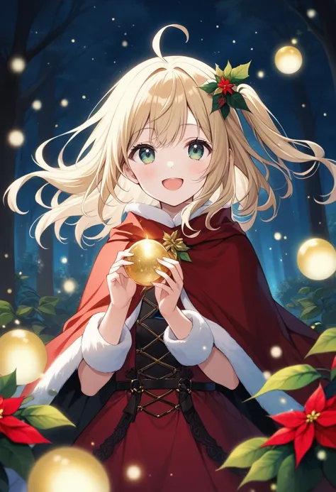 1  girl,
(light gold hair, lob hair, one side up, messy hair, ahoge),
(dark emerald eyes, tareme),
smile,
open mouth,

looking at viewer,

(green leaf hair ornaments),
(dark red cape, white fur),
(dark red Gothic costume),

cowboy shot, solo,

(depth of fi...