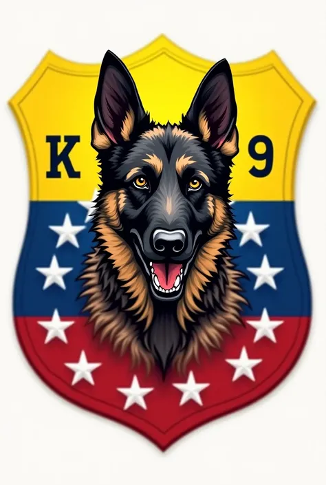 Dog brigade badge logo , Say K 9 . 
 In colors, it contrasts with the Venezuelan flag (yellow, blue and red) and the 8 white stars
That contains a Belgian shepherd dog