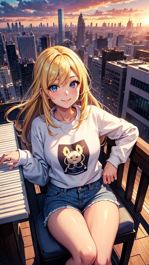 anime cinamon girl; blonde hair, lovely face; beaultiful; smiling; playing the piano; in the top of a building observing the city; she is wearing a white sweatshirt; denim shorts; scene is a big city, she is looking the city below; scene is sunset at backg...