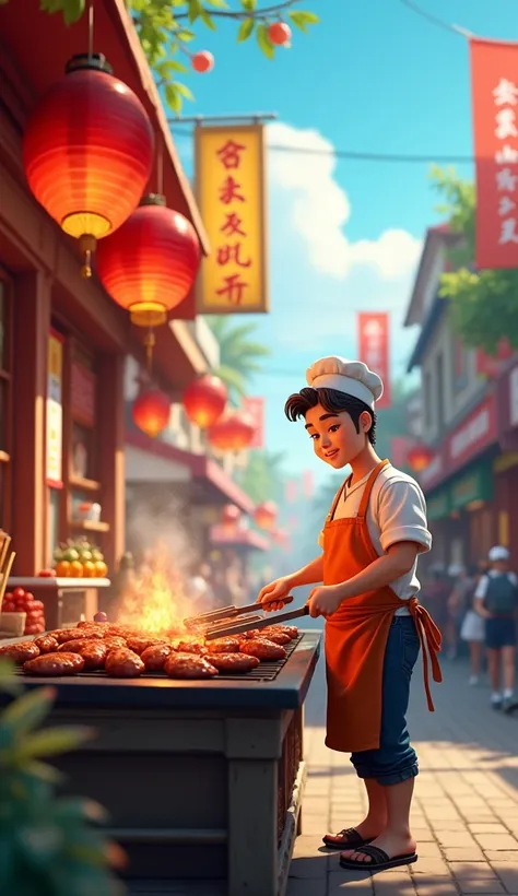 Barbecue restaurant ， A cook in work clothes is cooking a barbecue，Street corner shop ，Street BBQ，outdoor，3d cartoon， HD quality，Game CG
