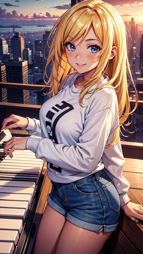 anime tanned girl; blonde hair, lovely face; beaultiful; smiling; playing the piano; in the top of a building observing the city; she is wearing a white sweatshirt; denim shorts; scene is a big city, she is looking the city below; scene is sunset at backgr...