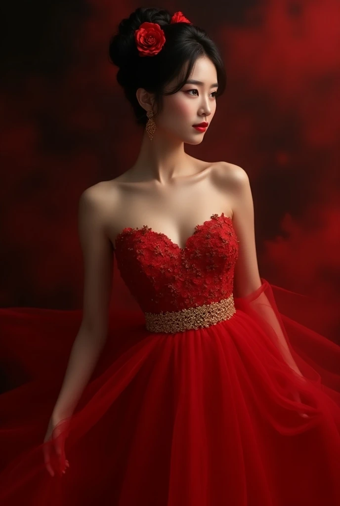 Sexual and Gorgeous portrait of a woman resembling Jessica Jung, styled in an exquisite red floral gown with a structured bodice and intricate gold belt, complementing her poised, elegant figure. Her silky, dark hair is tied into a high bun, decorated with...