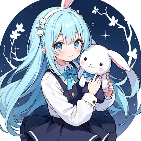  1 girl, Light blue hair, I have a stuffed rabbit,Straight Hair, Hair that falls over the shoulders, smile, 