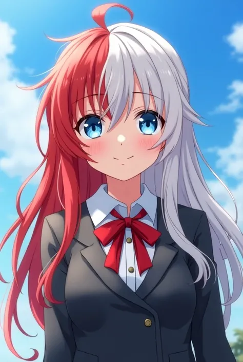 Screenshot of my hero Academias character pretty girl white hair and half her red hair uniform and long hair and smiley face and sky blue eyes 