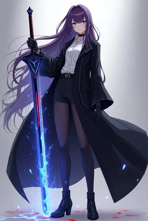 ANIME STYLE, tall ADULT woman with very long purple hair, blue eyes, wearing a black overcoat, black choker, white shirt, black boot, holding a large sword with a blue and red aura