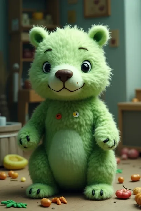  Hes a stuffed animal, hes green，It looks like a polar bear should be afraid of heat 