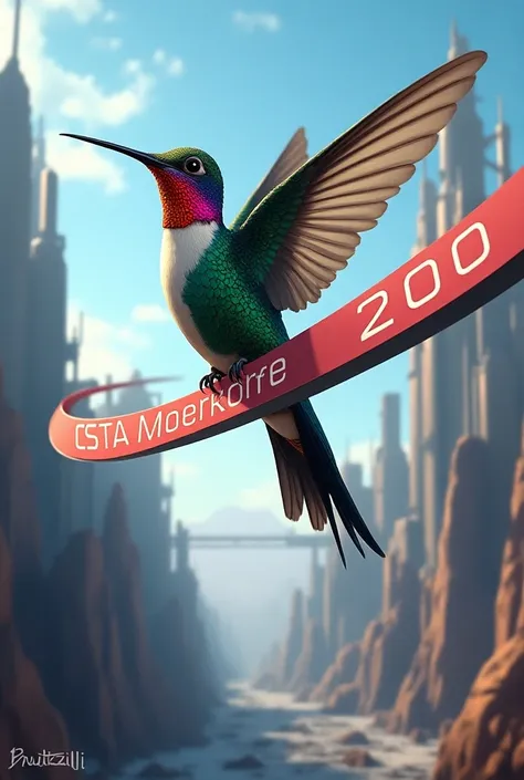  Large colored hummingbird flying over a technological baccalaureate and with a sign around the hummingbird that says CBTa 200. Above the hummingbird the sign that says 
Huitzilli 
