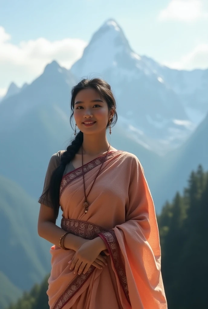 A medium sized Nepali brahmin girl at her mid 20s,  wearing kurta salwar and sal standing infront of himalayan, beautiful looks like going to smile nice looking boobs