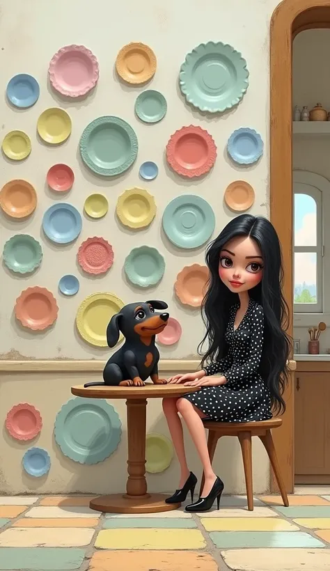 Disney Pixar , Wall of plates , round table , Crooked eyed lady black dress with white polka dots long wavy hair with black daschround dog on her lap 