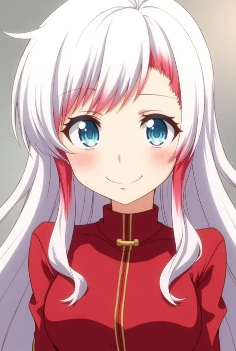 Screenshot of my hero Academias character pretty girl with white hair and tips 
red uniform and long hair and smiley face and light blue eyes 