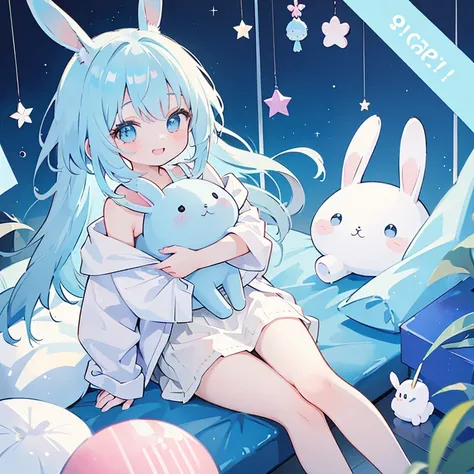  1 girl, Light blue hair, I have a stuffed rabbit,Straight Hair, Hair that falls over the shoulders, smile, 