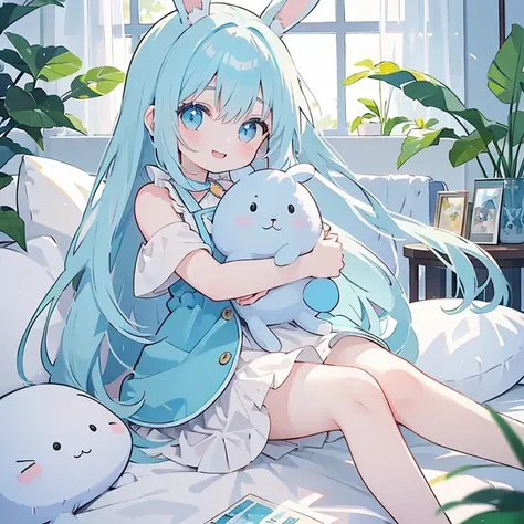  1 girl, Light blue hair, I have a stuffed rabbit,Straight Hair, Hair that falls over the shoulders, smile, 