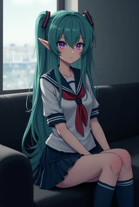 anime style,Adult woman anime,with long greenish blue hair and two locks in front, Elf ears, with bright purple eyes, With a Japanese schoolgirl cosplay, with full body view, Sitting on a black sofa  