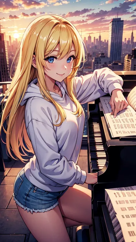 anime cinamon girl; blonde hair, lovely face; beaultiful; smiling; playing the piano; in the top of a building observing the city; she is wearing a white sweatshirt; denim shorts; scene is a big city, she is looking the city below; scene is sunset at backg...