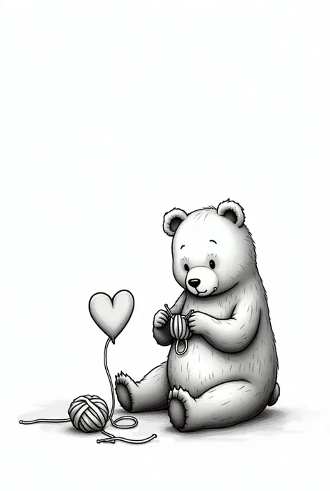 Bear knitting a cute heart black and white drawing for a business card 