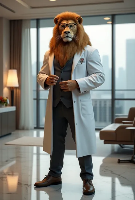 Create a captivating image of a muscular lion with human-like characteristics, wearing a tailored white doctor’s lab coat, standing confidently in a luxurious, high-end medical office. The lion’s physique should be sculpted and well-defined, with broad sho...