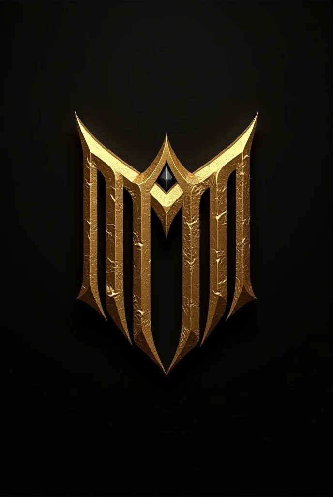 Create a bold and intricate logo featuring the letter M in a golden color, similar to the style of ancient Greek or Roman symbols. The M should have thick, strong lines and incorporate a sharp, symmetrical design with angular edges. The middle section of t...