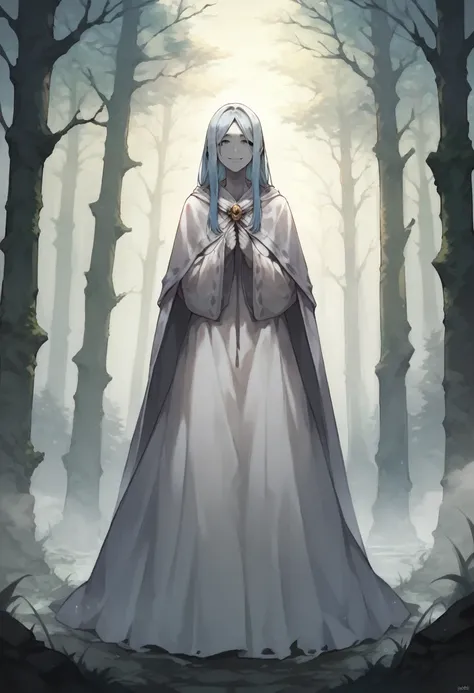 (1girl, solo) banshee, long skirt, robe, smile, cape covering whole body, long white cape, light blue hair, long hair, long slee...