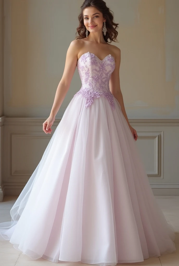 Fit and Flare style dress in light colors with beautiful elegant lilac embroideries , With the topless straight topless corset ,   elegant that has the style of the 50s 
