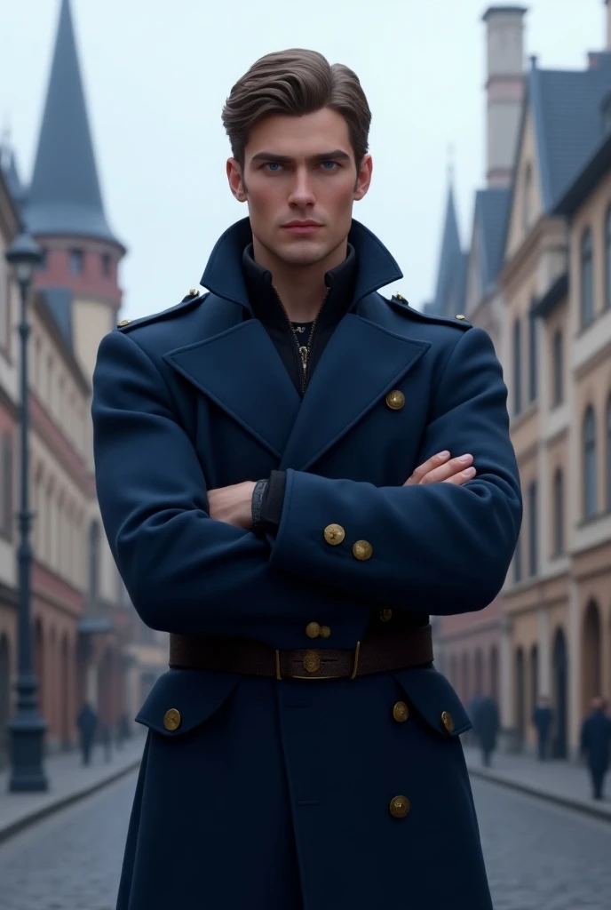 handsome Kristoff full body on his royal palace Dark Blue Trenchcoat Outfit, with Crossed Arms at the European City