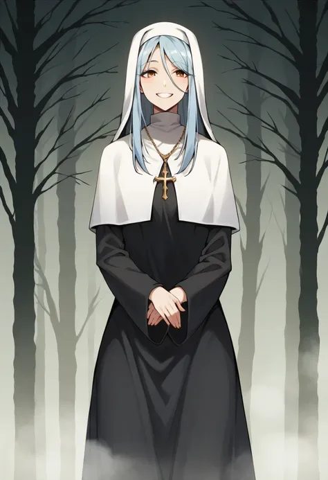 (1girl, solo) banshee, long skirt, nun, smile, cape covering whole body, long white cape, light blue hair, long hair, long sleev...